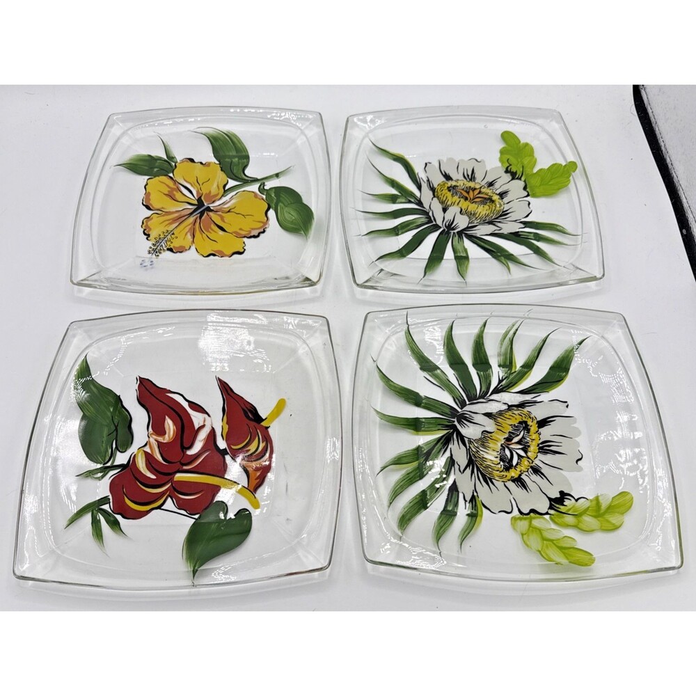 Vintage Hazel Atlas Clear Glass Luncheon Plates Gay Had Painted Set Of 4 8"